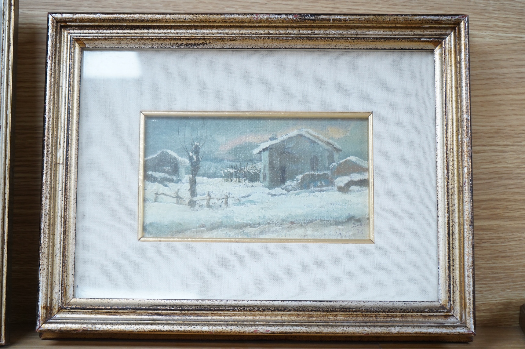 Luigi Buso (Italian), ‘Uno Scorcio Fra Le Nubi’ and three other landscapes, details verso, each signed and dated, set of four oils on canvas board, largest 10 x 18cm